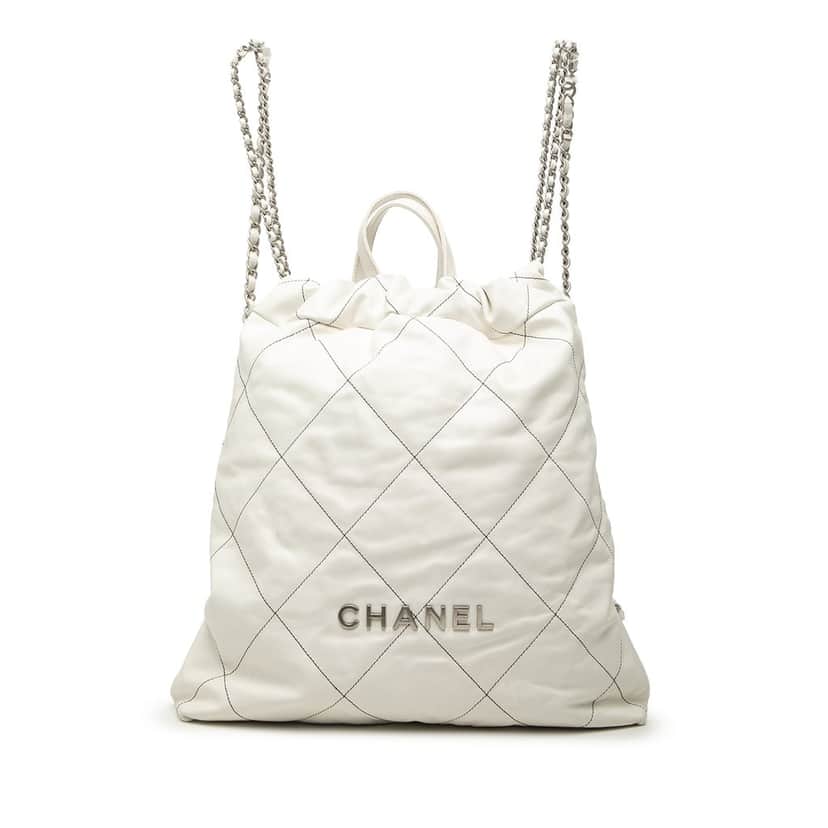 Chanel Large Quilted Shiny Calfskin 22 Backpack White Leather Very good condition - Front View