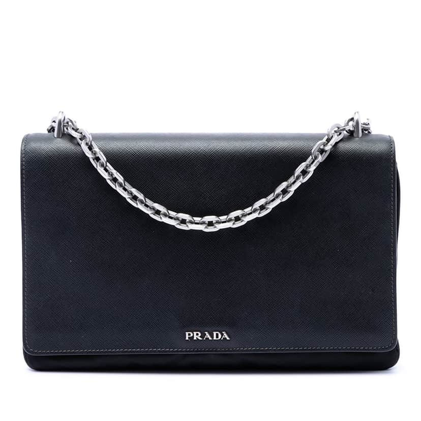 Prada Saffiano Lux and Tessuto Chain Crossbody Black Leather Very good condition - Front View