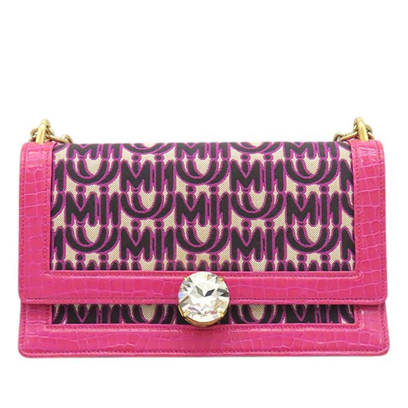 Miu Miu MM Paris Emiuticon Jacquard and Croc Embossed Patent Crystal Chain Crossbody Pink Very good condition - Front View