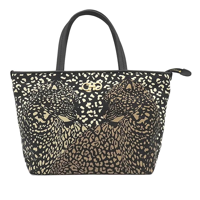 Salvatore Ferragamo Nylon Leopard Print Double Gancini Tote Black Very good condition - Front View