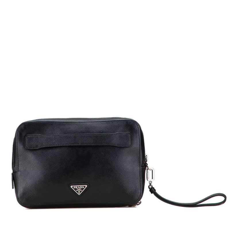 Prada Saffiano Portfolio Zip Clutch Black Leather Good condition - Front View