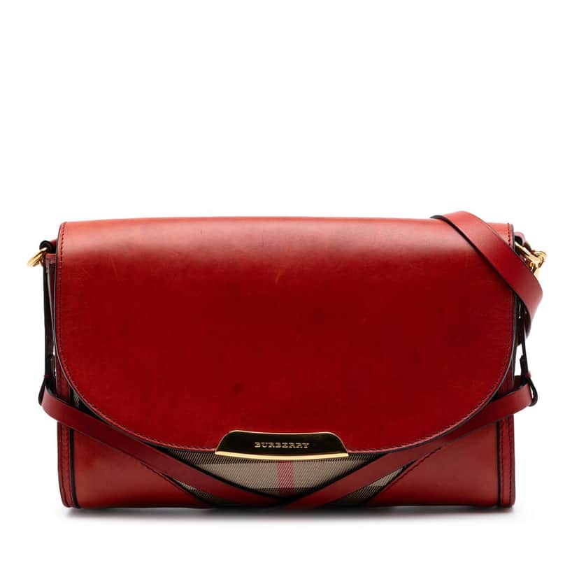 Burberry Leather and House Check Canvas Bridle Abbott Crossbody Red Leather Very good condition - Front View