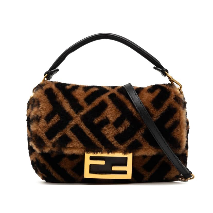 Fendi Mini Zucca Shearling Chain Baguette Satchel Brown Very good condition - Front View