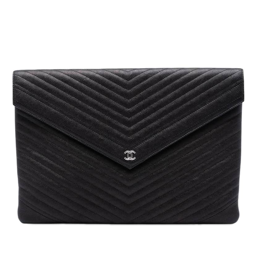Chanel Large Chevron Caviar Statement Envelope Clutch Black Leather Very good condition - Front View