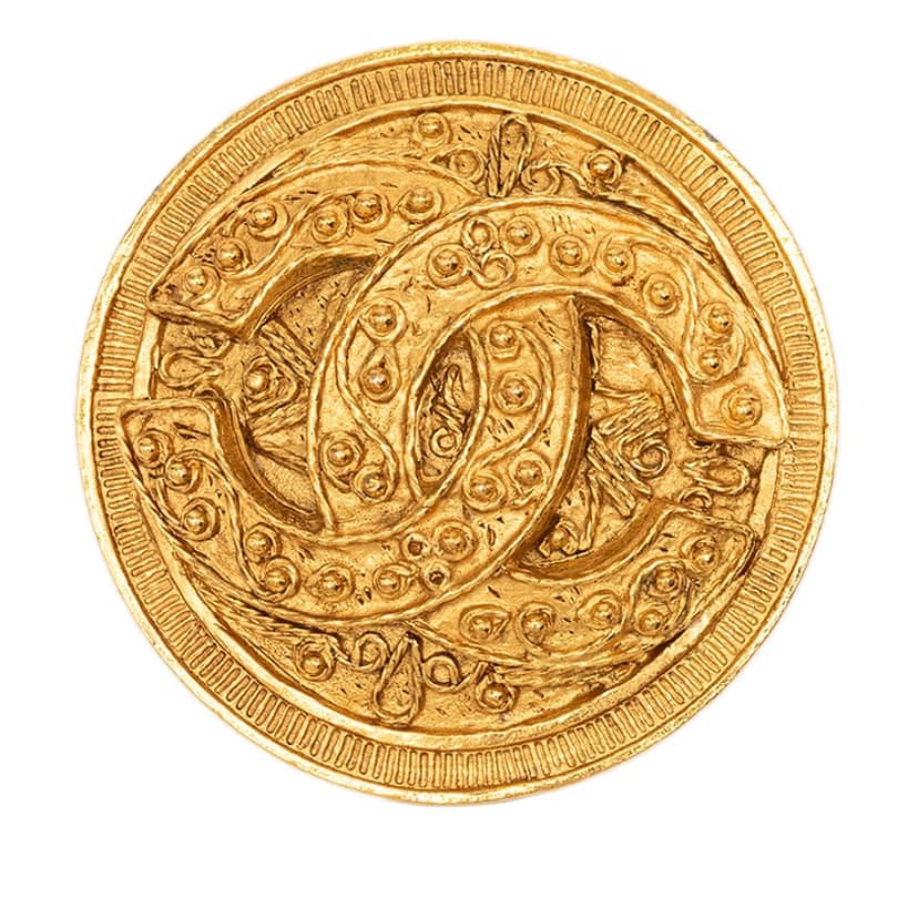 Chanel CC Gold Plated Filigree Round Brooch Gold Metal Very good condition - Front View