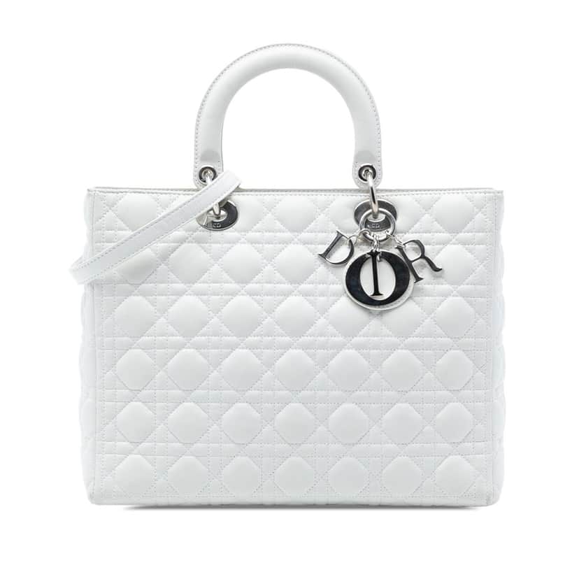 Dior Large Lambskin Cannage Lady Dior White Leather Very good condition - Front View