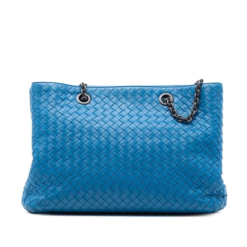 Bottega Veneta Medium Nappa Intrecciato Double Chain Tote Blue Leather Very good condition - Front View