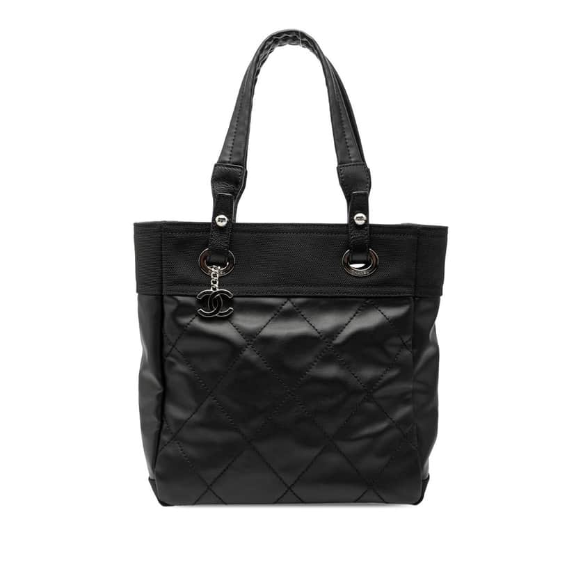 Chanel Small Quilted Coated Canvas Paris Biarritz Tote Black Very good condition - Front View