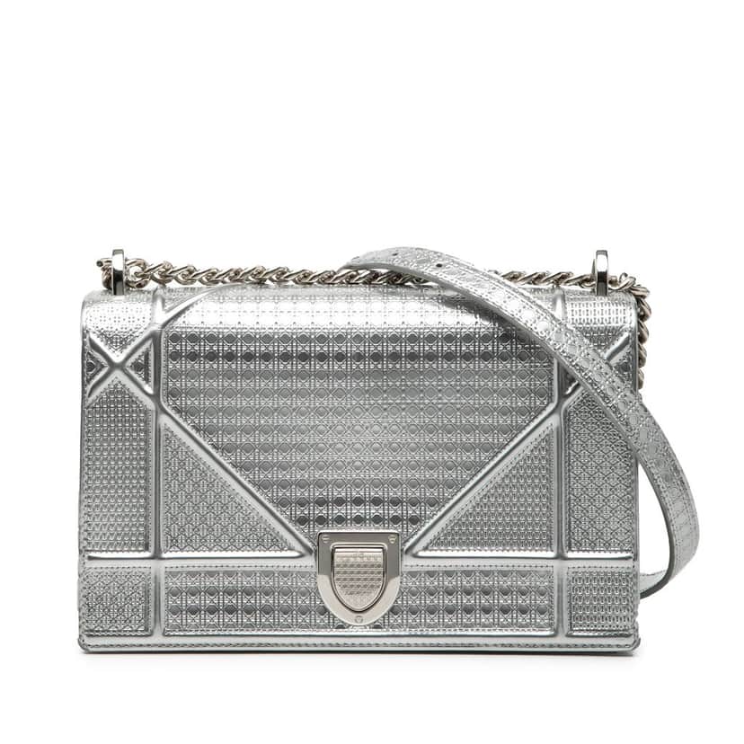Dior Medium Metallic Patent Microcannage Diorama Flap Silver Leather Good condition - Front View
