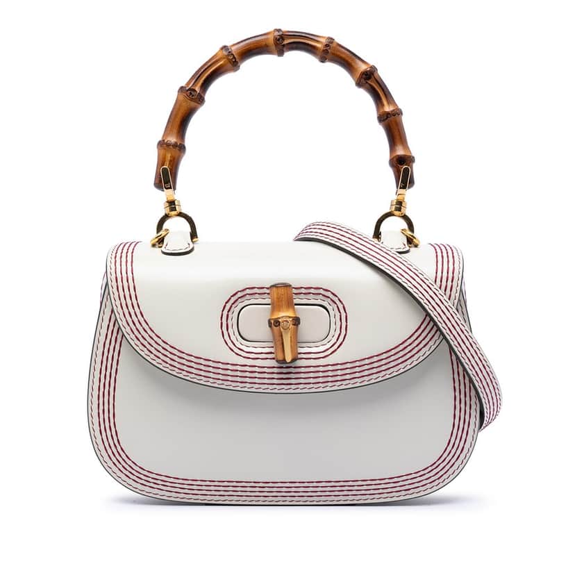 Gucci Small Calfskin Stitched Bamboo 1947 Top Handle Bag White Leather Very good condition - Front View