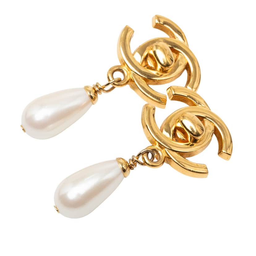 Chanel CC Gold Plated Faux Pearl Drop Turn Lock Clip On Earrings Gold Metal Very good condition - Front View