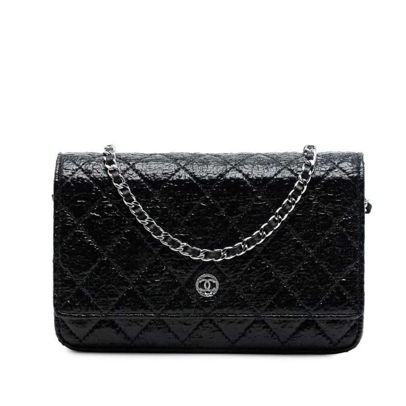 Chanel CC Quilted Crinkled Patent Wallet On Chain Black Leather Very good condition - Front View
