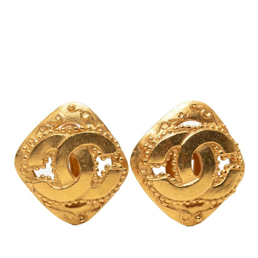 Chanel CC Gold Plated Rhombus Clip On Earrings Gold Metal Very good condition - Front View
