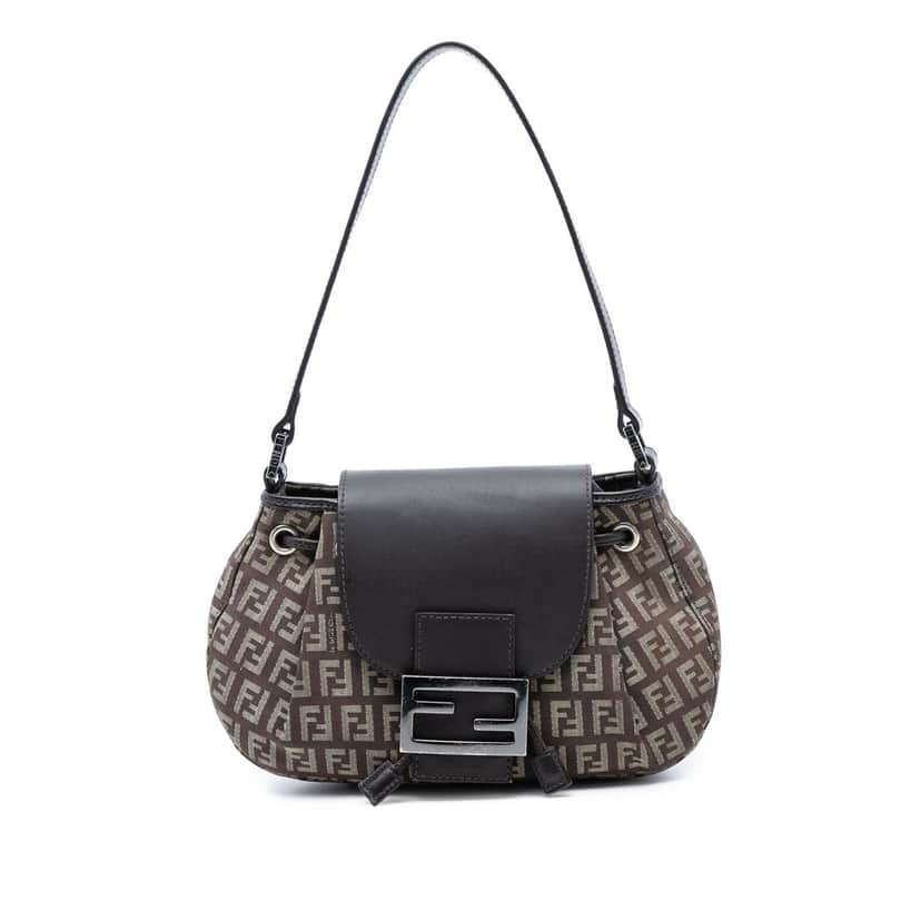 Fendi Zucchino Canvas Drawstring Shoulder Bag Brown Very good condition - Front View