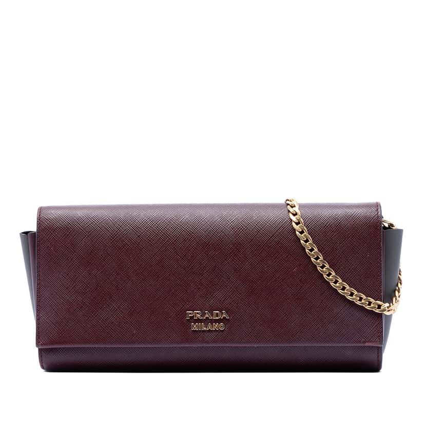 Prada Saffiano and City Calf Bibliotheque Clutch with Chain Red Leather Very good condition - Front View