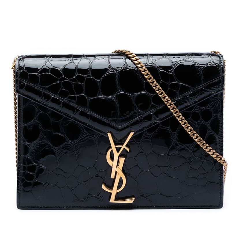 Saint Laurent Shiny Croc Embossed Calfskin Monogram Cassandra Chain Wallet Black Leather Very good condition - Front View