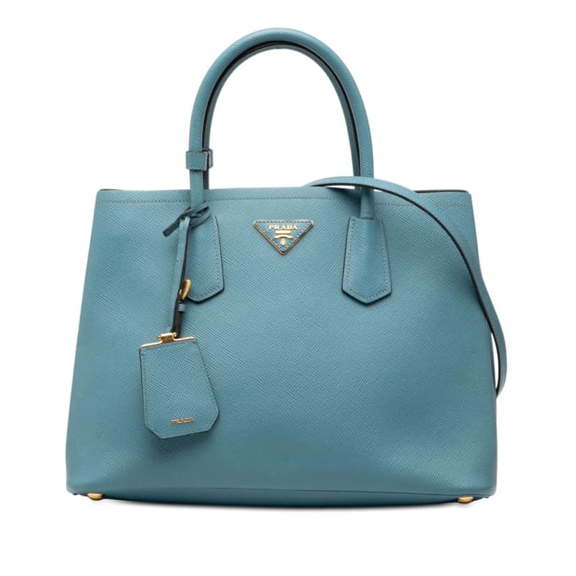 Prada Medium Saffiano Cuir Double Satchel Blue Leather Very good condition - Front View