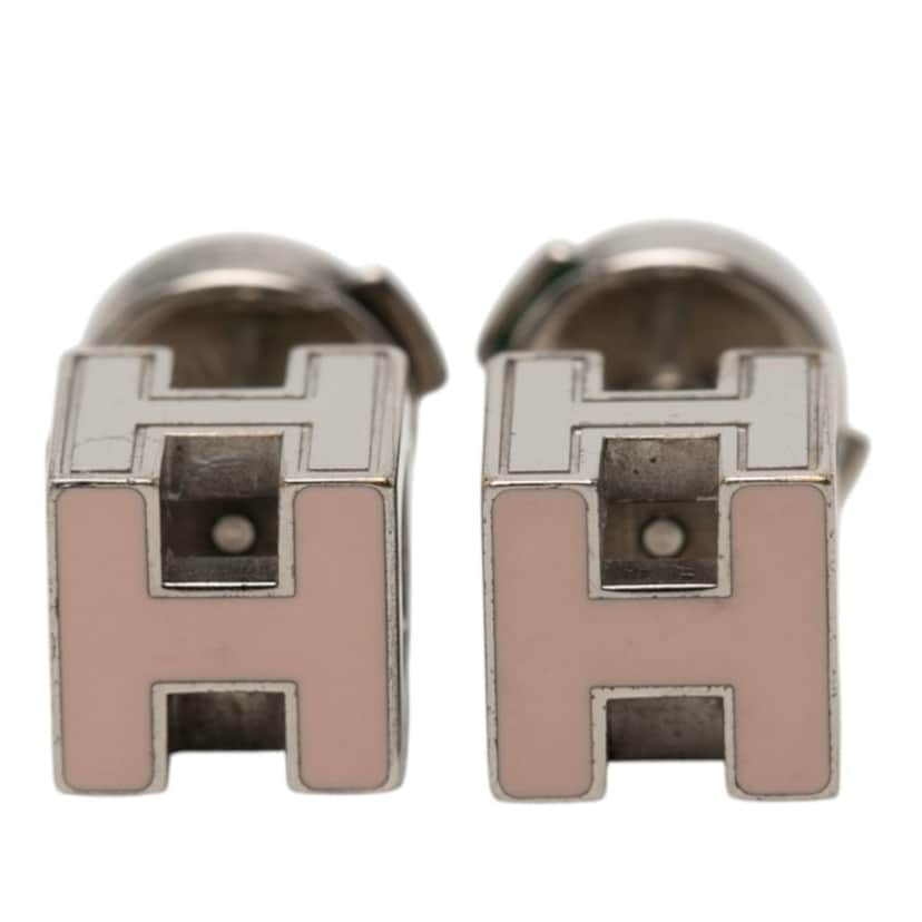 Hermès Palladium Plated Enamel Cage dH Cube Push Back Earrings Pink Metal Very good condition - Front View
