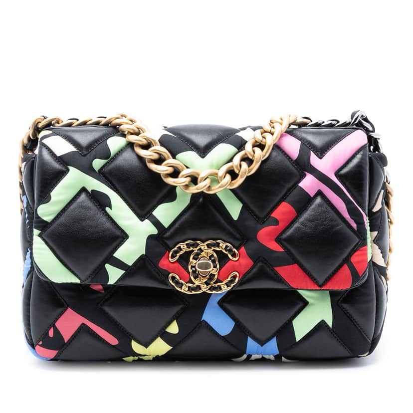 Chanel Medium Lambskin and Printed Silk Fixation 19 Flap Black Leather Very good condition - Front View