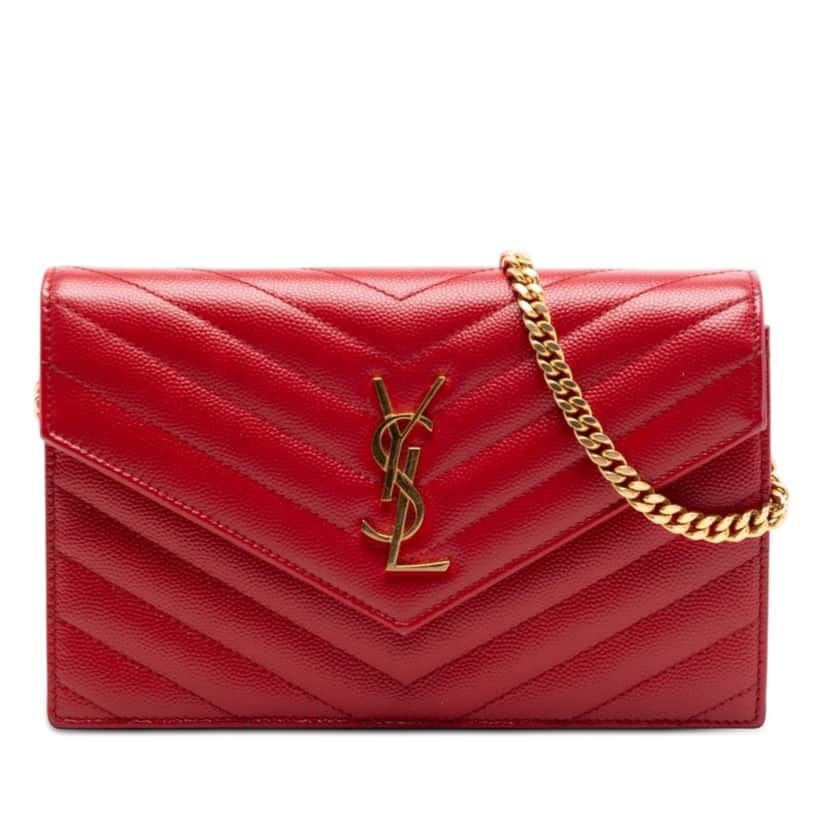 Saint Laurent Grain De Poudre Chevron Monogram Envelope Wallet on Chain Red Leather Very good condition - Front View