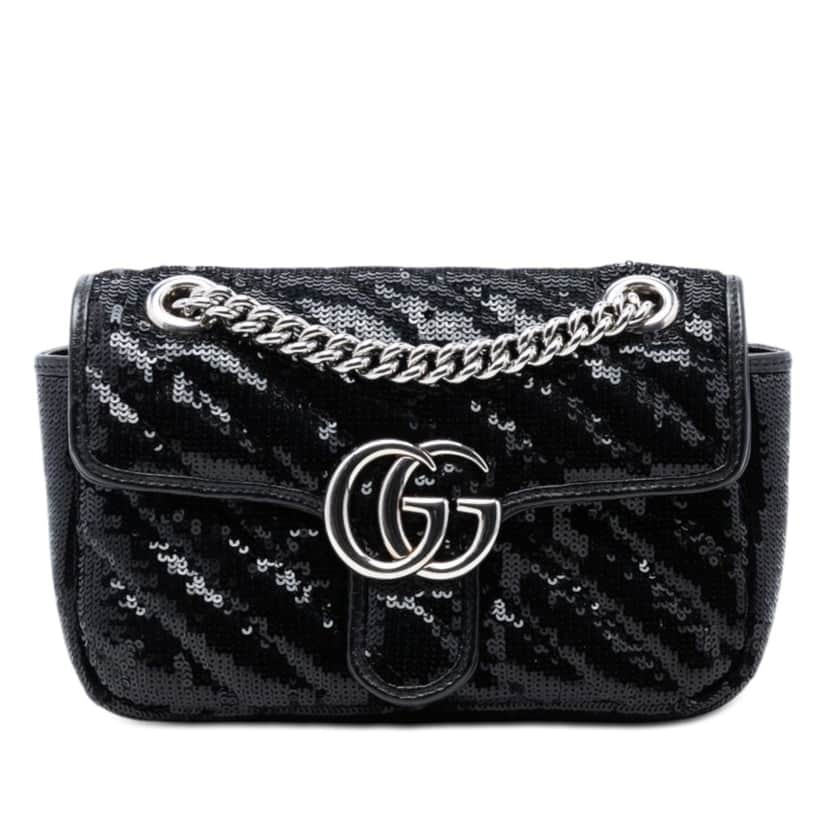 Gucci Small GG Marmont Matelasse Diagonal Sequin and Leather Torchon Shoulder Bag Black Very good condition - Front View
