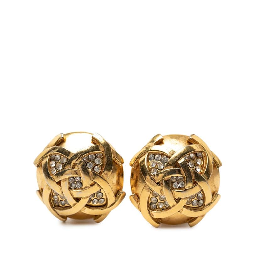Chanel CC Gold Plated Round Strass Clip On Earrings Gold Metal Very good condition - Front View