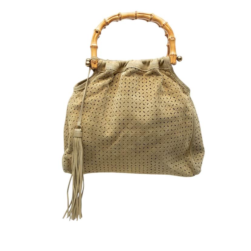 Miu Miu Laser Cut Suede Bamboo Top Handle Bag Beige Leather Very good condition - Front View
