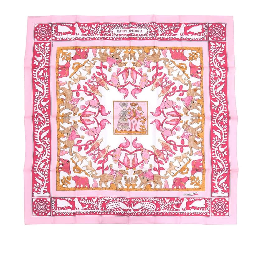Hermès Early America Silk Scarf 90 Pink Very good condition - Front View