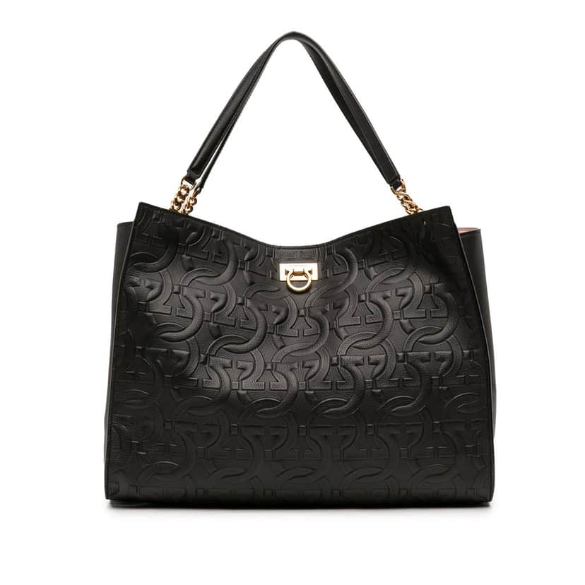 Ferragamo Gancini Embossed Calfskin Trifolio Tote Black Leather Good condition - Front View