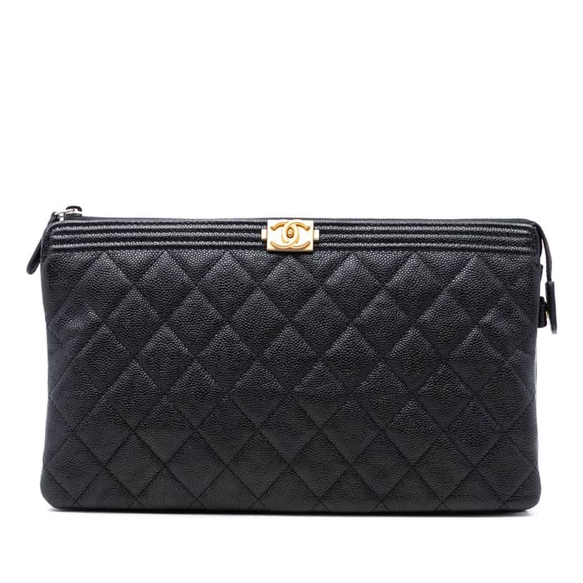 Chanel Quilted Caviar Boy O Case Zip Clutch Black Leather Very good condition - Front View