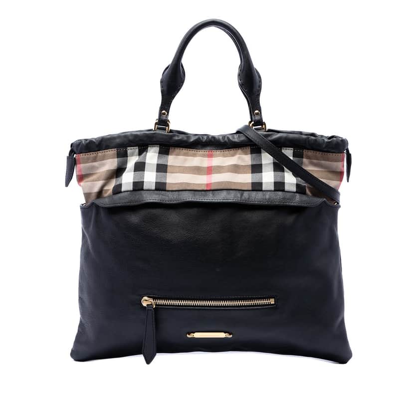 Burberry House Check Trimmed Leather Big Crush Convertible Tote Black Leather Very good condition - Front View