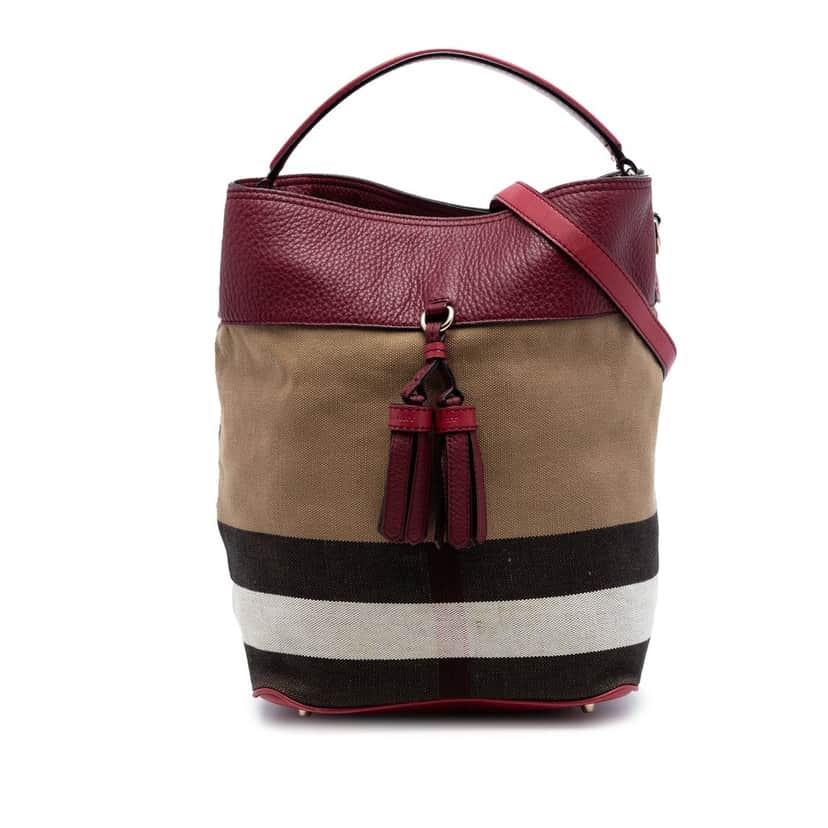 Burberry Medium Mega Check Canvas and Grained Calfskin Ashby Tassel Bucket Bag Brown Very good condition - Front View