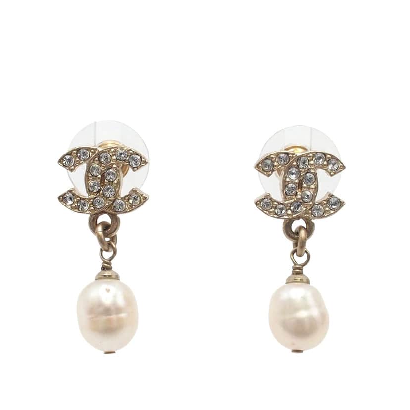 Chanel CC Gold Plated Crystal and Faux Pearl Push Back Earrings Gold Metal Very good condition - Front View