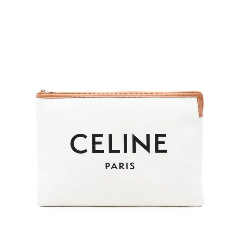 Celine Large Canvas Logo Clutch White Very good condition - Front View