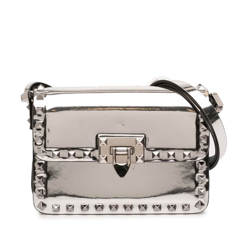 Valentino Small Mirror Calfskin Rockstud23 Shoulder Bag Silver Leather Very good condition - Front View