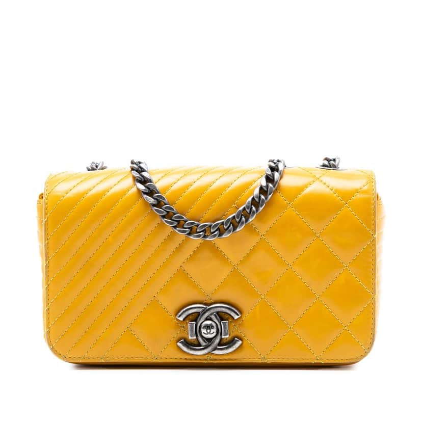 Chanel Small Glazed Calfskin Coco Boy Flap Yellow Leather Very good condition - Front View