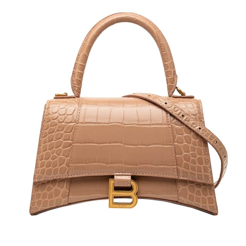Balenciaga Small Croc Embossed Hourglass Top Handle Bag Brown Leather Very good condition - Front View