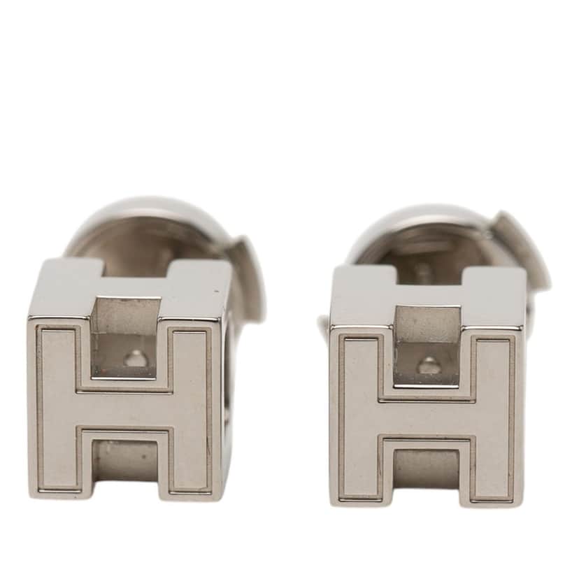 Hermès Palladium Plated Cage dH Cube Push Back Earrings Silver Metal Very good condition - Front View