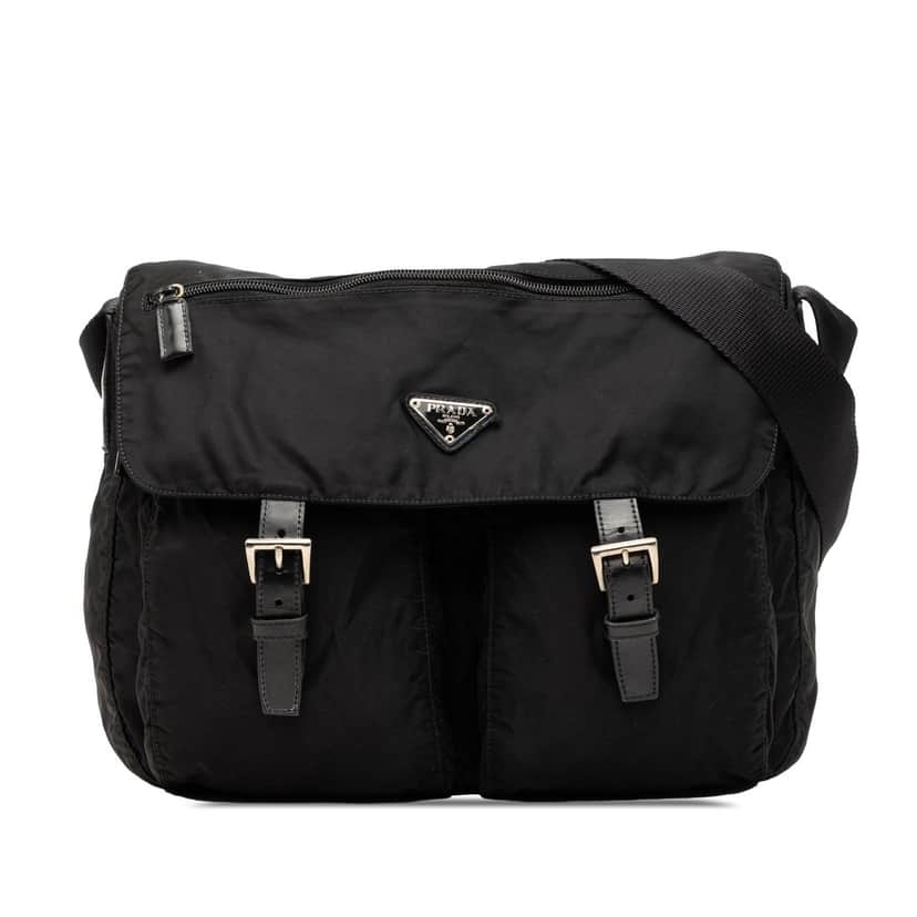 Prada Tessuto Zip Double Buckle Messenger Bag Black Good condition - Front View