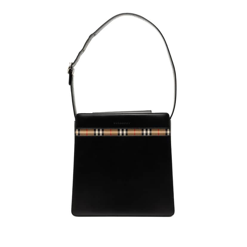 Burberry House Check Trimmed Leather Shoulder Bag Black Leather Very good condition - Front View