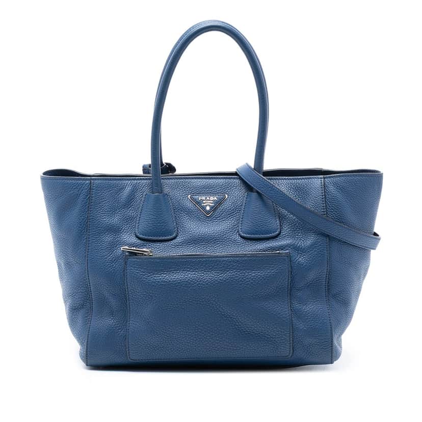 Prada Vitello Daino Front Pocket Open Convertible Tote Blue Leather Very good condition - Front View