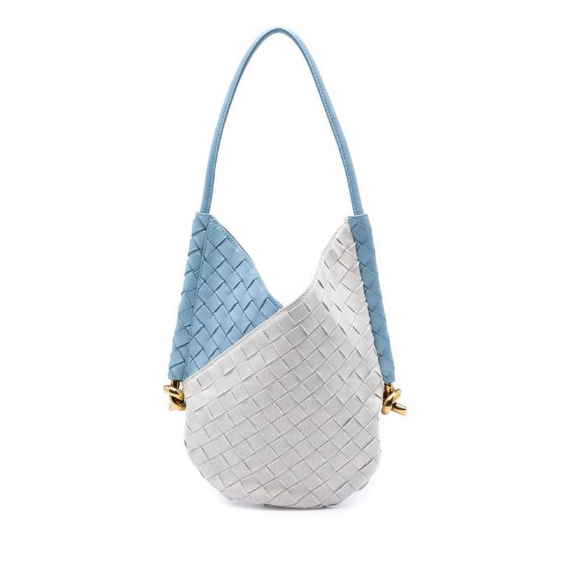 Bottega Veneta Small Nappa and Canvas Intrecciato Solstice Shoulder Bag Blue Leather Good condition - Front View