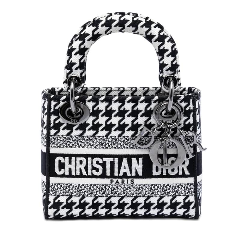 Dior Mini Embroidered Canvas Houndstooth Lady D Lite White Very good condition - Front View