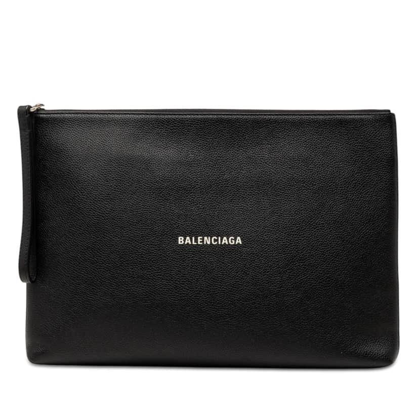 Balenciaga Grained Calfskin Logo Cash Pouch Black Leather Very good condition - Front View