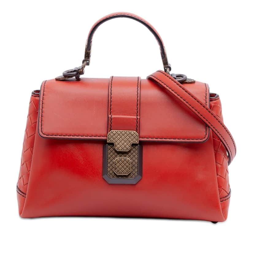 Bottega Veneta Mini Intrecciato Trimmed Nappa Piazza Top Handle Satchel Orange Leather Very good condition - Front View