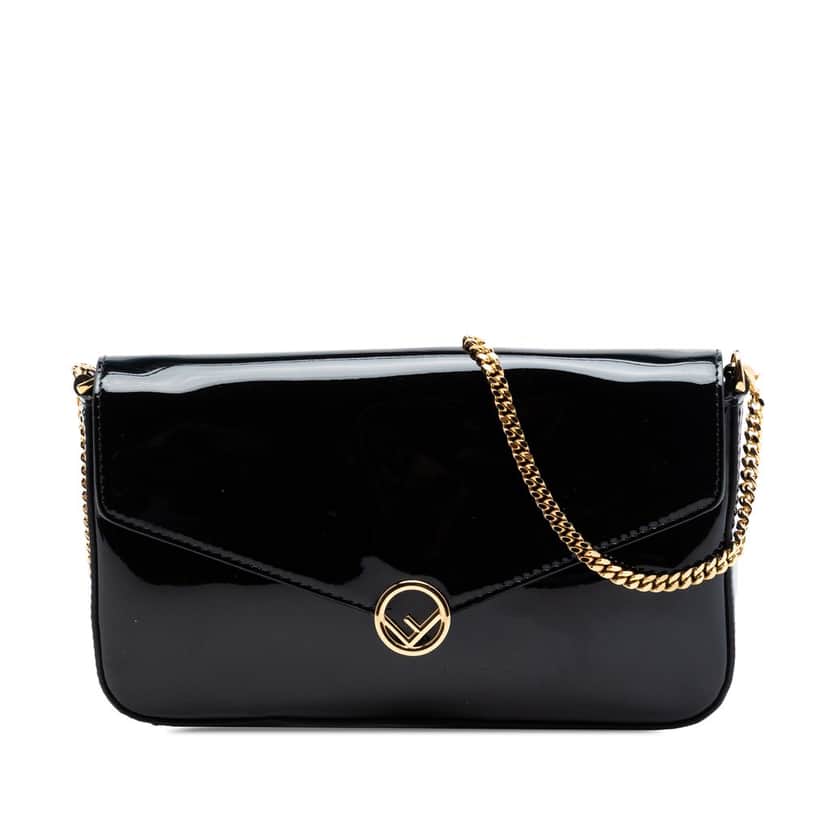 Fendi Patent F Is Fendi Envelope Wallet On Chain Black Leather Very good condition - Front View