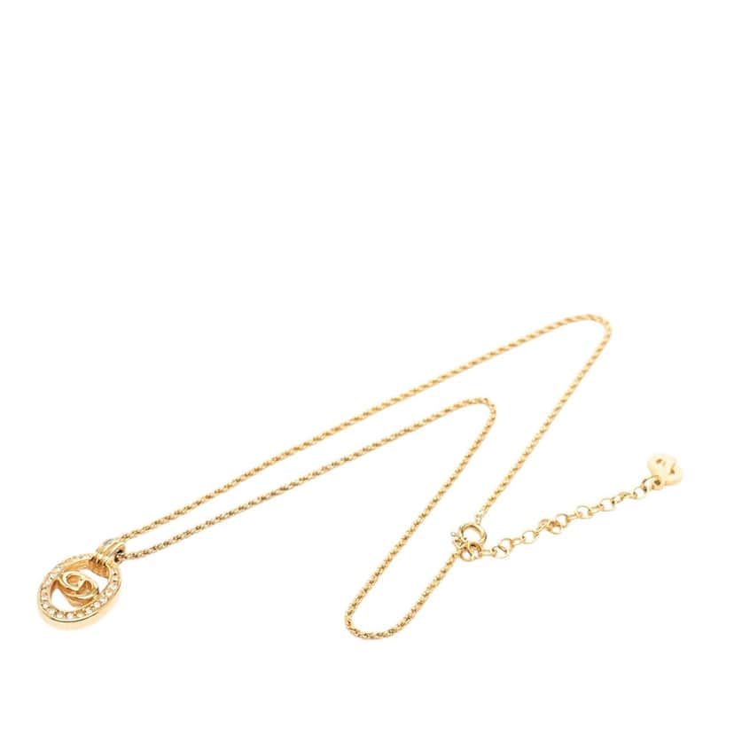Dior Gold Plated Strass CD Logo Oval Pendant Necklace Gold Metal Very good condition - Front View