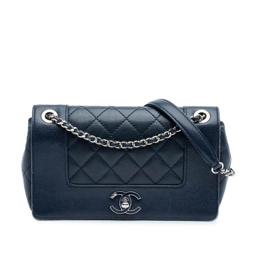 Chanel Small Quilted Sheepskin Mademoiselle Vintage Flap Blue Leather Very good condition - Front View