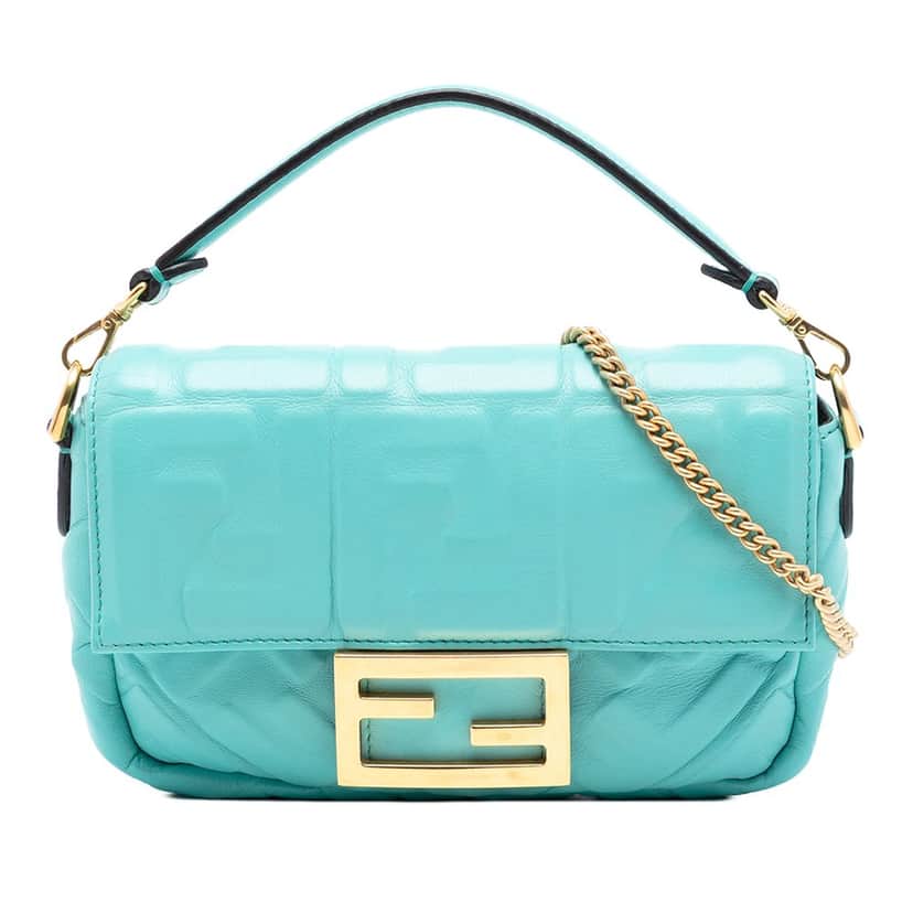 Fendi Mini Zucca Embossed Leather Baguette Satchel Blue Leather Very good condition - Front View