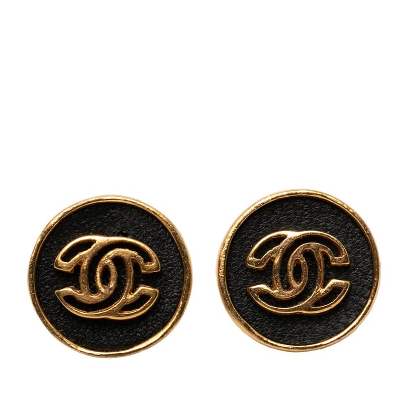 Chanel CC Gold Plated and Leather Round Bullet Back Earrings Black Metal Very good condition - Front View